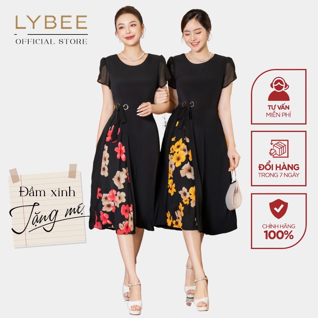 Đầm trung niên nữ thiết kế LYBEE LVV007 quà tặng cho mẹ chất lụa cao cấp tay lỡ dự tiệc cực sang trọng