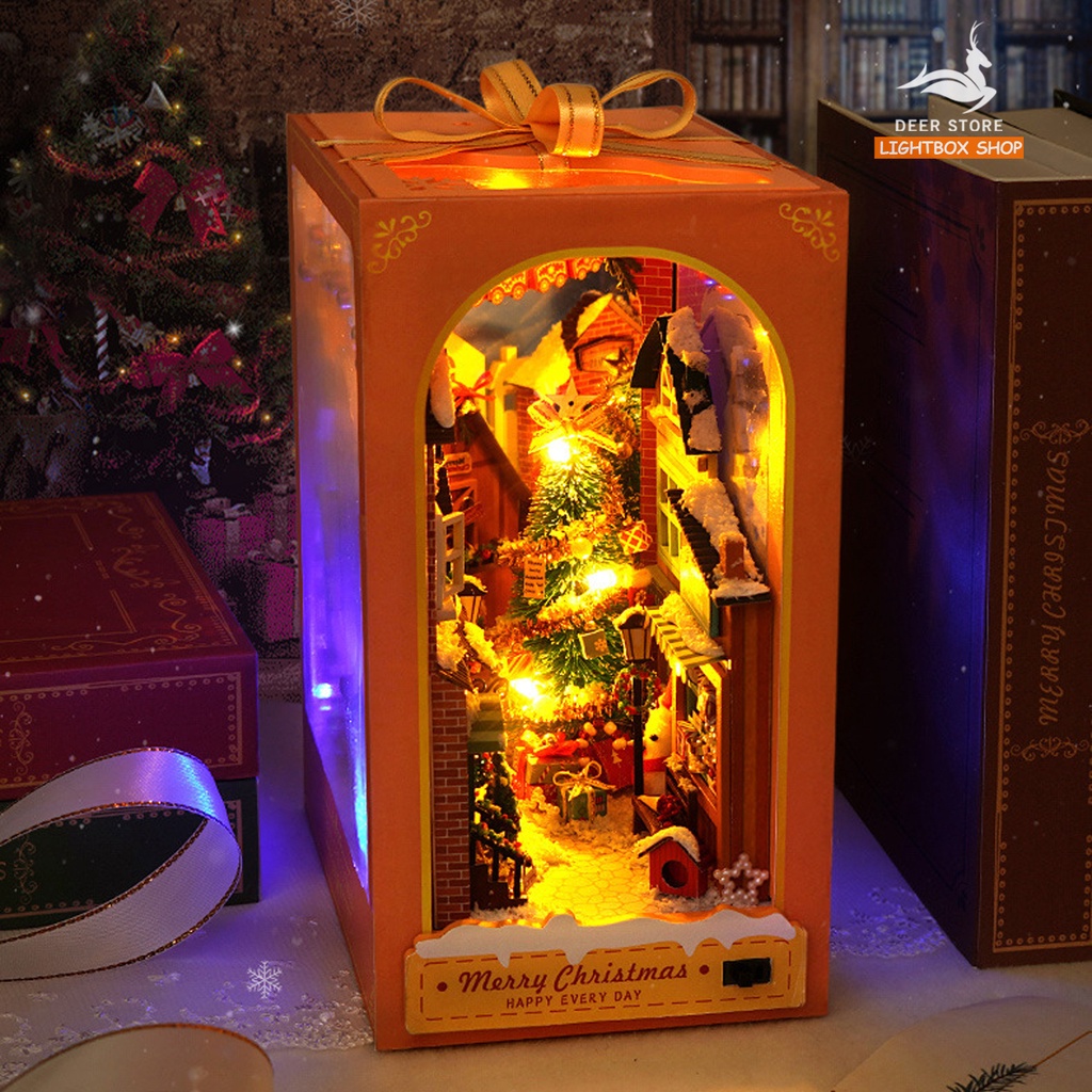 Mô hình Noel BOOK NOOK. Tăng KEO DÁN. Có đèn led. Nhà búp bê gỗ DIY Trang Trí Kệ sách. Quà tặng Noel ý Nghĩa TC38