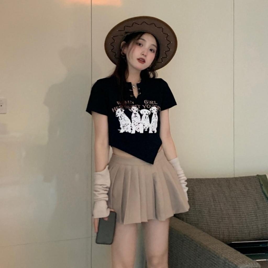 Áo croptop nữ vạt nhọn ngắn tay in hình những chú chó dễ thương GenY, Áo kiểu nữ ôm body -C19-