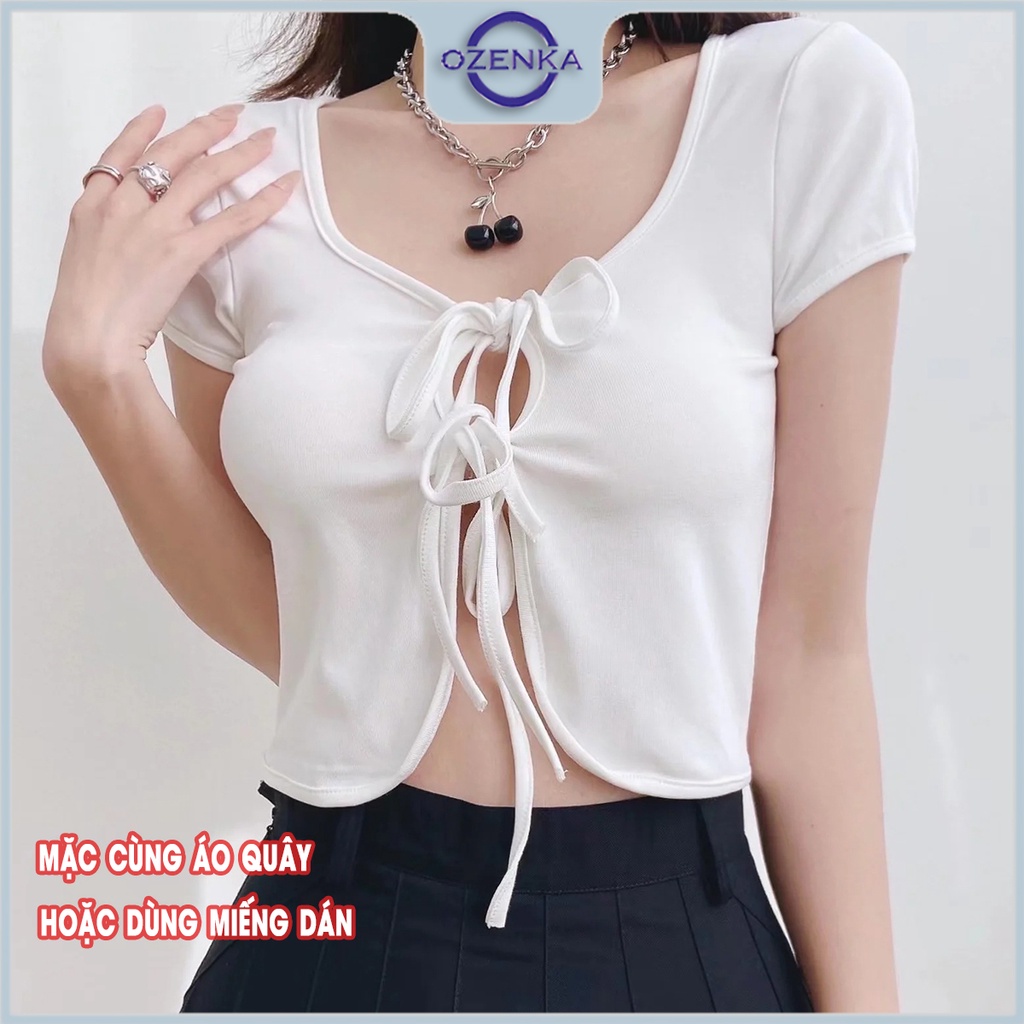 Áo croptop kiểu buộc dây gợi cảm cộc tay nữ OZENKA , áo crt ôm body sexy cotton màu đen trắng dưới 55 cân