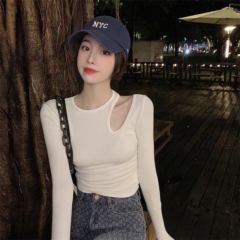 Áo kiểu thun croptop tay dài cổ hở vai búp bê cho nữ