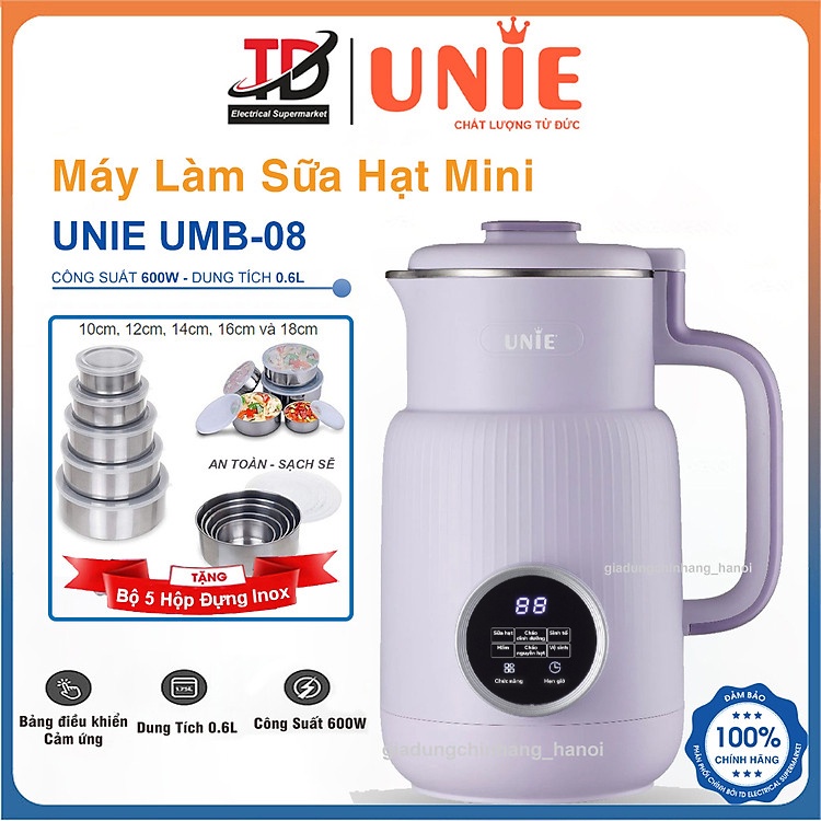 Máy Làm Sữa Hạt Unie UMB08, Công Suất 600W - Xay Nấu 5 Chức Năng, Hàng Chính Hãng