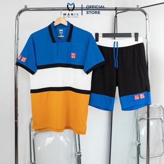 Bộ thể thao nam, set uni trắng ngực xanh cổ kẻ đen uni83, đồ thể thao cao cấp ht sport
