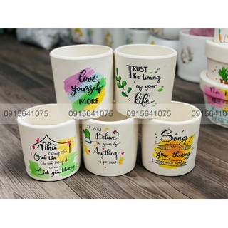 Chậu Đất Nung Trụ Trắng 9x9cm Có Vẽ Hình Cute