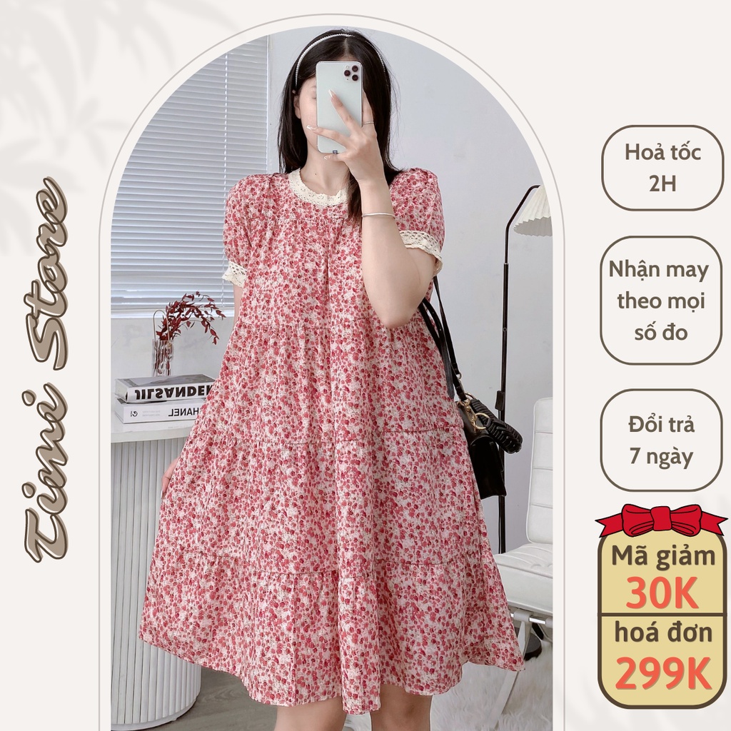 Đầm Bầu Thiết Kế-Váy Suông TiMi VÁY HOA NHÍ ĐỎ TẦNG PHỐI REN BE_033ĐỎ
