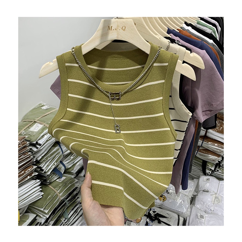 QADCOL Áo Dệt Kim Hai Dây Dáng Ôm Họa Tiết Kẻ Sọc Thời Trang Mùa Hè Cho Nữ