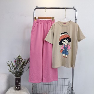 Set áo thun in cô gái quần suông dài