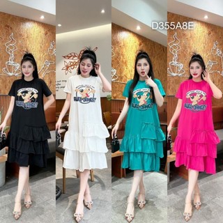 Váy cotton suông Bigsize nữ ,đầm thun cún babydoll tay lỡ phối bèo tầng dễ thương BEBEDOLL