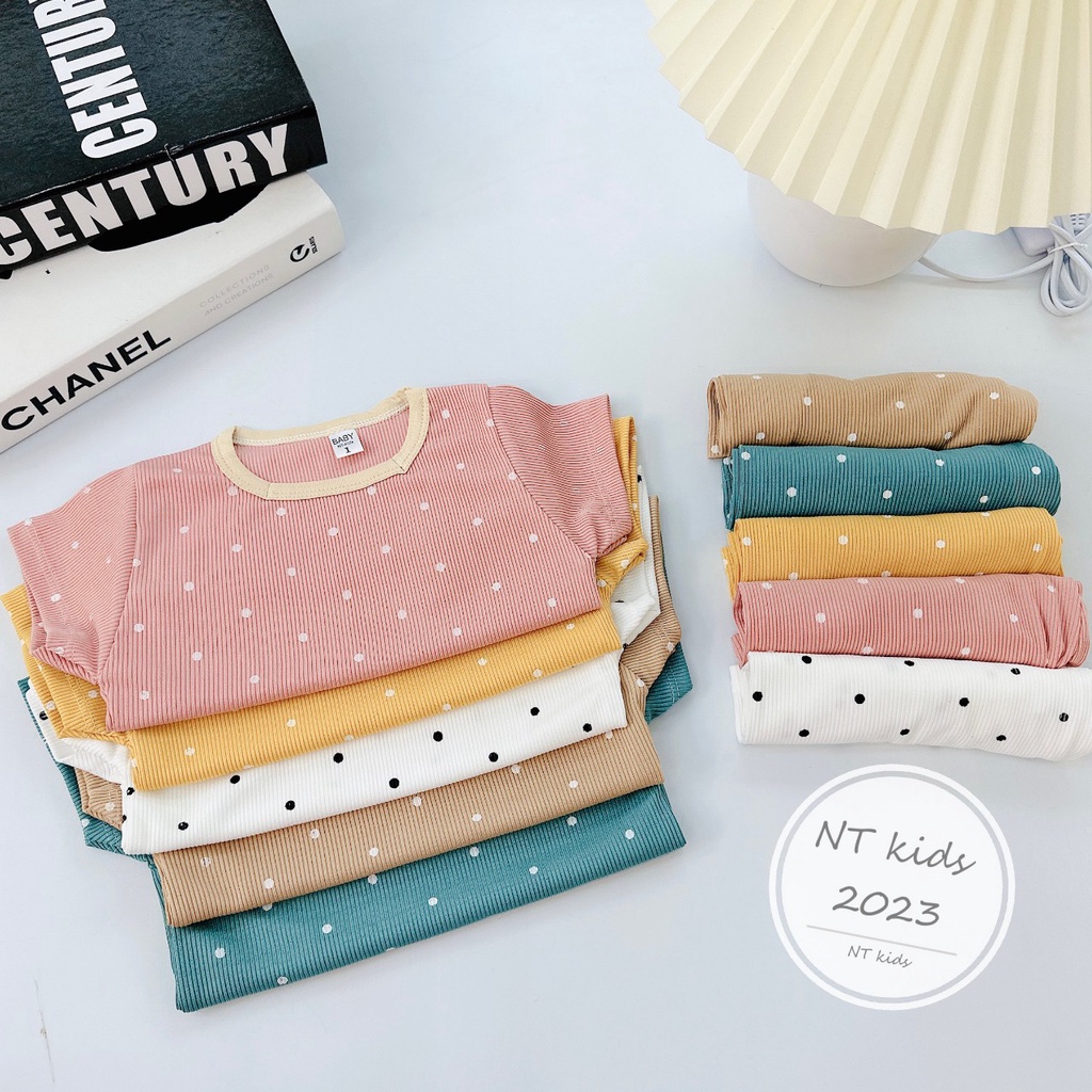 Quần áo trẻ em, Đồ bộ cộc tay cho bé gái chất liệu tăm lạnh chấm bi 6-14kg