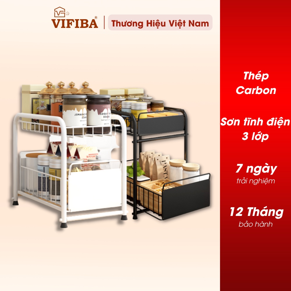 Kệ gia vị trượt đa năng VIFIBA Dạng ngăn kéo 42x36x28,5cm Thép carbon chống gỉ Sơn tĩnh điện Màu đen trắng