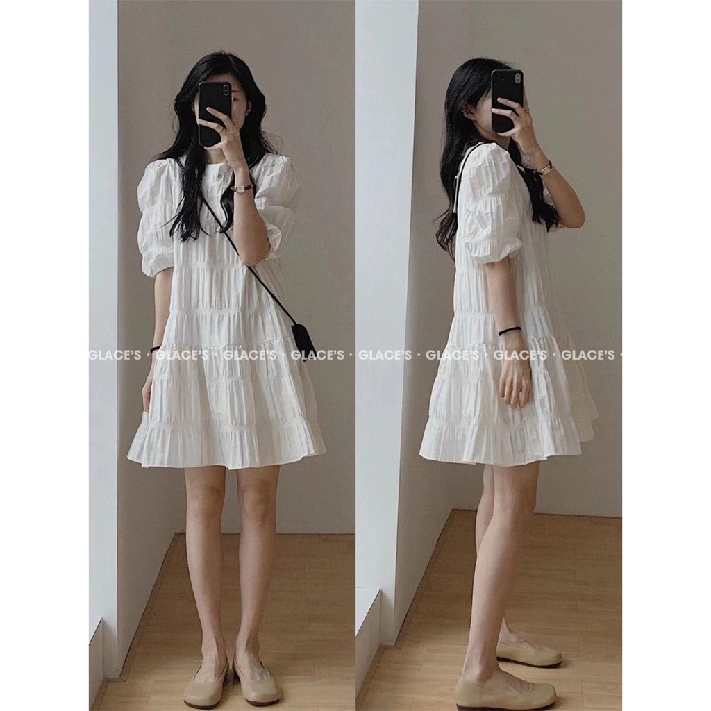 Váy đuôi cá GLACE Váy đầm suông babydoll dáng ngắn tay phồng chất liệu xốp nhăn dập ly kiểu dáng nữ tính thanh lịch | BigBuy360 - bigbuy360.vn