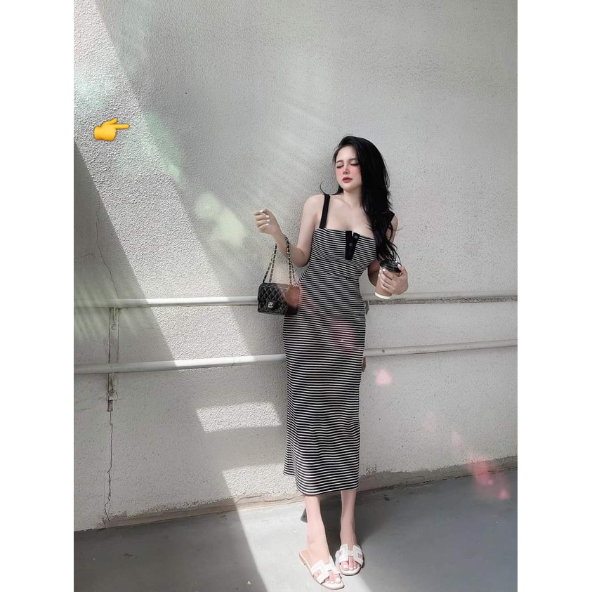 đầm 2 dây cài nút nhỏ ngực dáng dài kẻ sọc ngang dáng dài xinh