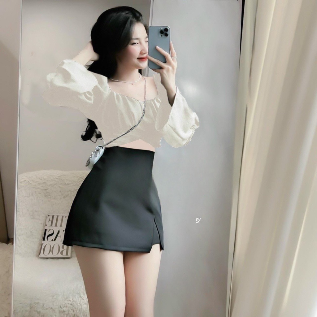 Sét Bộ Áo Croptop Cổ Vuông Tay Phòng Kèm Chân Váy Xẻ Đùi Dáng A Bigsize Quỳnh Anh Từ 50kg Đến 100kg (M/L/XL/XXL)