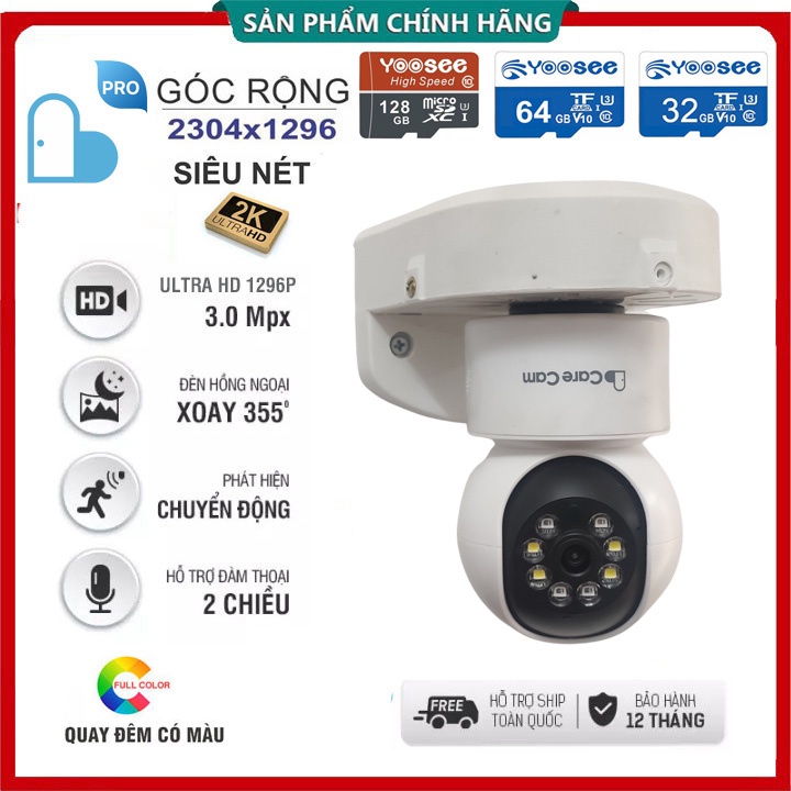 Camera kết nối không dây (wifi) Carecam Pro 3.0MP LED Quay đêm có màu | Yoosee 3 râu Siêu nét 2.0MP - Đàm thoại 2 chiều