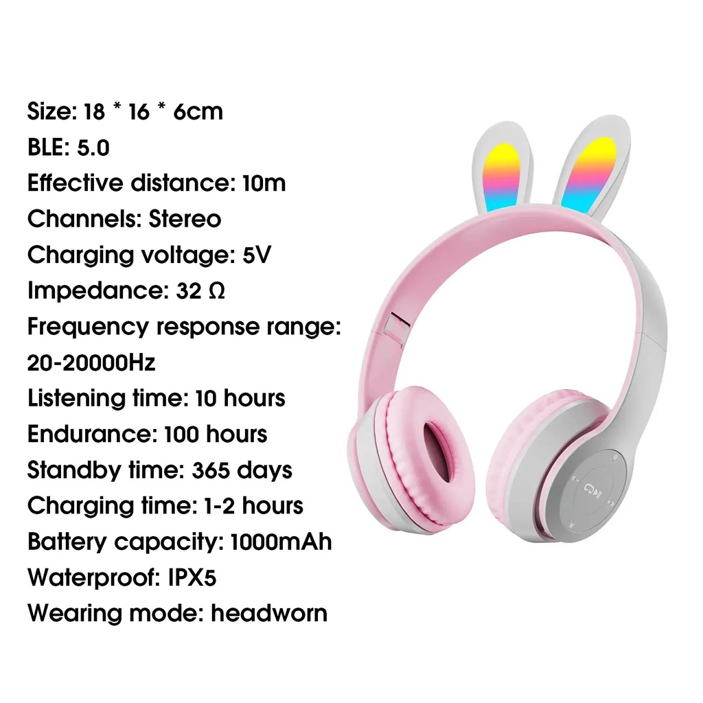 Tai nghe over-ear bluetooth P47R tai thỏ GROWNTECH có thể gập lại đèn led 7 màu dễ thương có đệm tai nghe bảo hành 2 năm