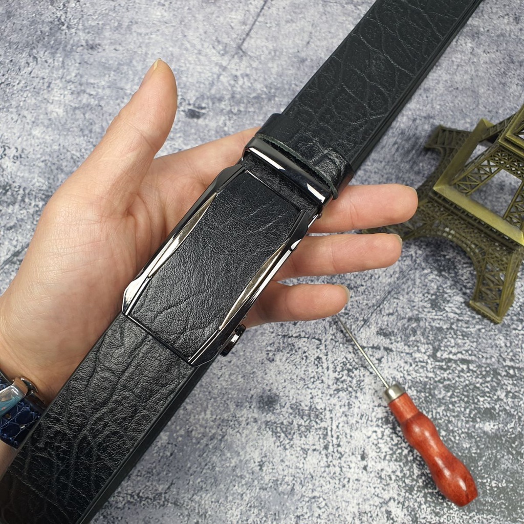 Thắt lưng nam da bò thật nguyên tấm vân voi khóa tự động 34mm BL121LEA (Đen) - 100% da bò thật, BH 3 năm