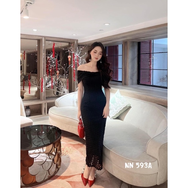 Váy body ren nhung trễ vai nơ ngực dáng dài siêu xinh