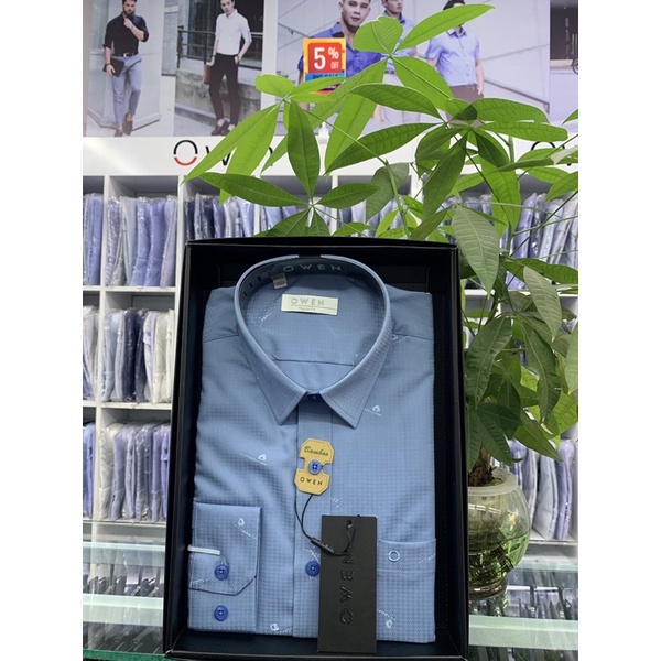 Áo sơ mi Owen dài tay xanh sáng họa tiết in chìm phối trẻ trung RegularFit 2023