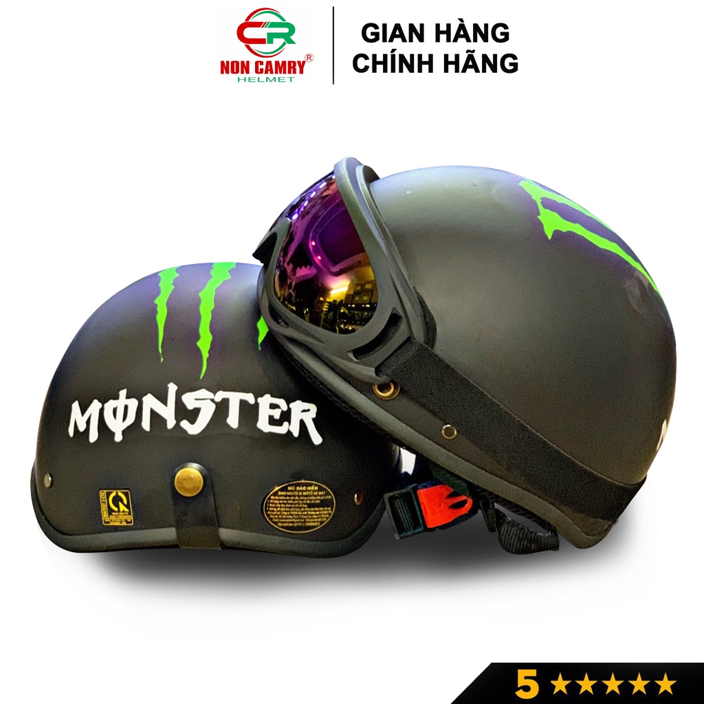 Nón bảo hiểm lưỡi chai nửa đầu NON CAMRY chính hãng, tem Monster năng động, kèm kính phi công, UV