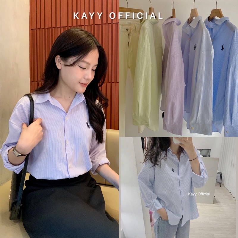 KAYY. Áo sơ mi kẻ thêu hình dài tay - Astd ( Ảnh thật )