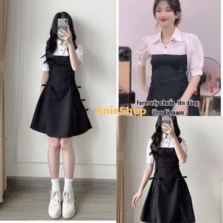 Váy sơ mi đan eo dáng xoè ,đầm sơ mi trắng phối yếm đen dây đan eo tay lỡ công chúa bánh bèo ,ULZZANG ANIESHOP688