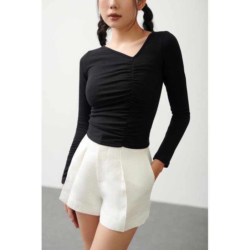 Áo thun tay dài cổ lệch nhún dọc thời trang GAGO màu đen GA4283 màu trắng GA4284