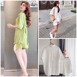 Sét bộ đũi áo sơ mi buộc nơ sau kèm quần đùi ống rộng dáng Freesize chất đũi gân đẹp