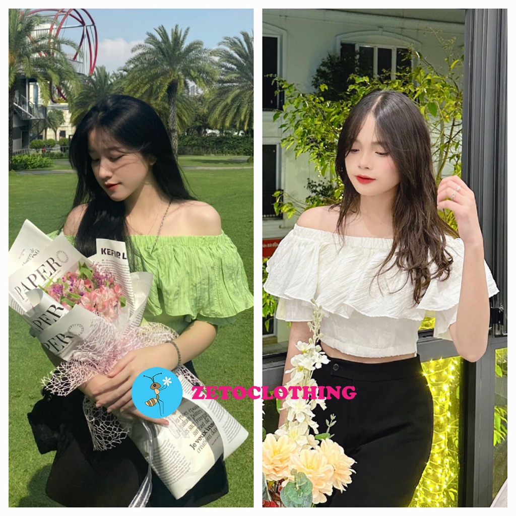 Áo croptop bẹt vai nữ nhúng bèo dễ thương, áo phiên bản hàn quốc lệch vai, xu hướng hè (có mút và dây kéo)