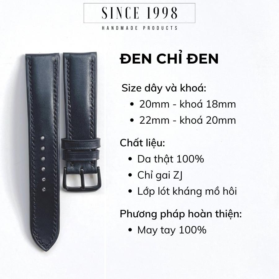 Dây Đồng Hồ Da Bò Nam 20mm 22mm, Da Thật Handmade, Chống Nước, Chính Hãng, Màu Đen Chỉ Đen, Bảo Hành 12 Tháng