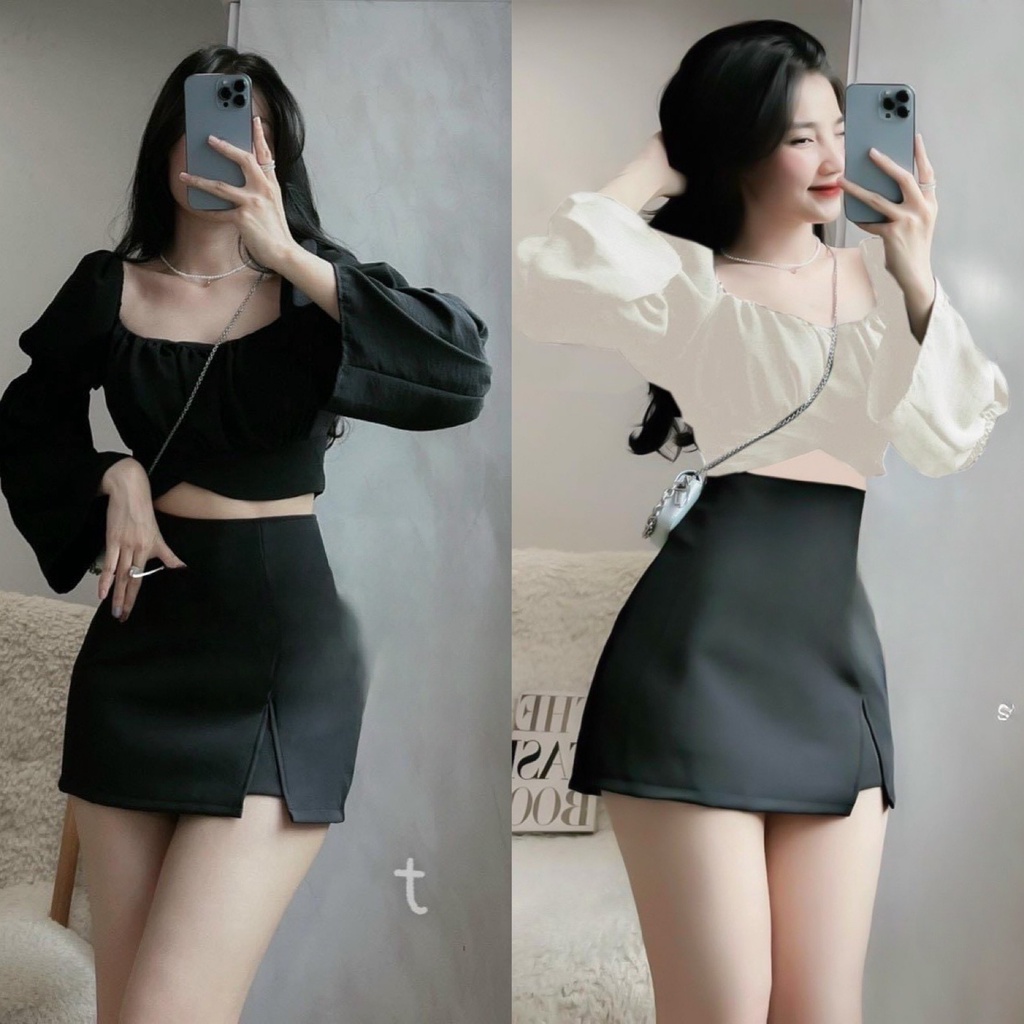 Sét Bộ Áo Croptop Cổ Vuông Tay Phòng Kèm Chân Váy Xẻ Đùi Dáng A Bigsize Quỳnh Anh Từ 50kg Đến 100kg (M/L/XL/XXL)