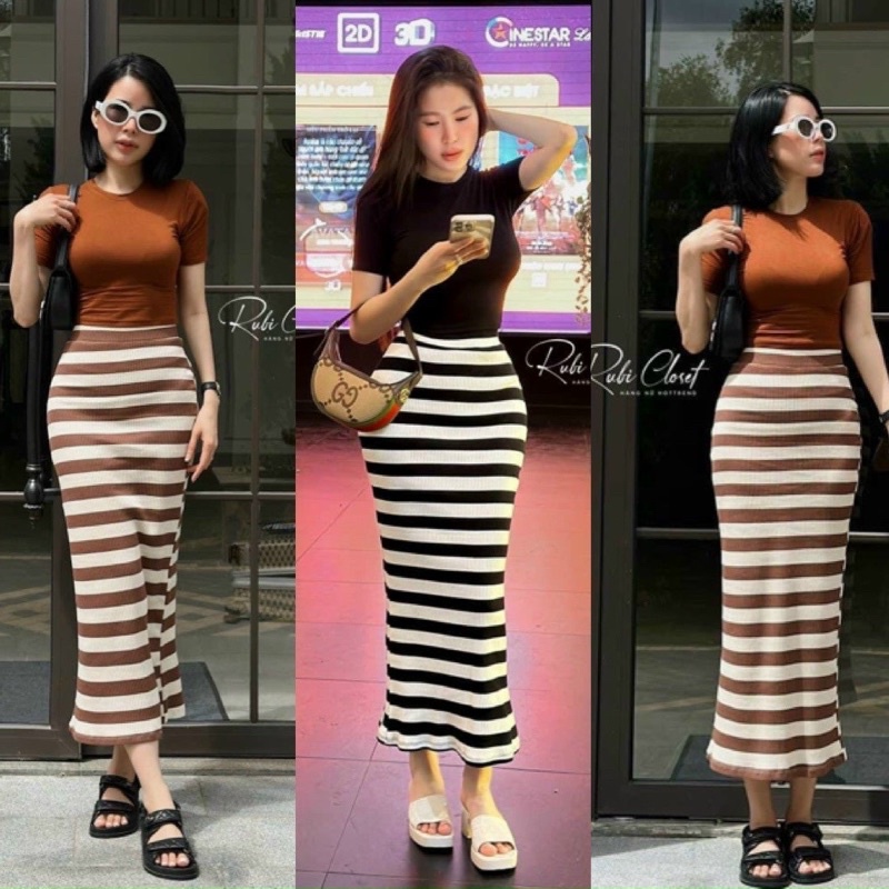 Set Áo Croptop Tay Ngắn Cổ Tròn Và Chân Váy Bút Chì Kẻ Sọc Ngang - Dáng Dài Maxi Form Ôm Body Sexy Sang Chảnh Cute