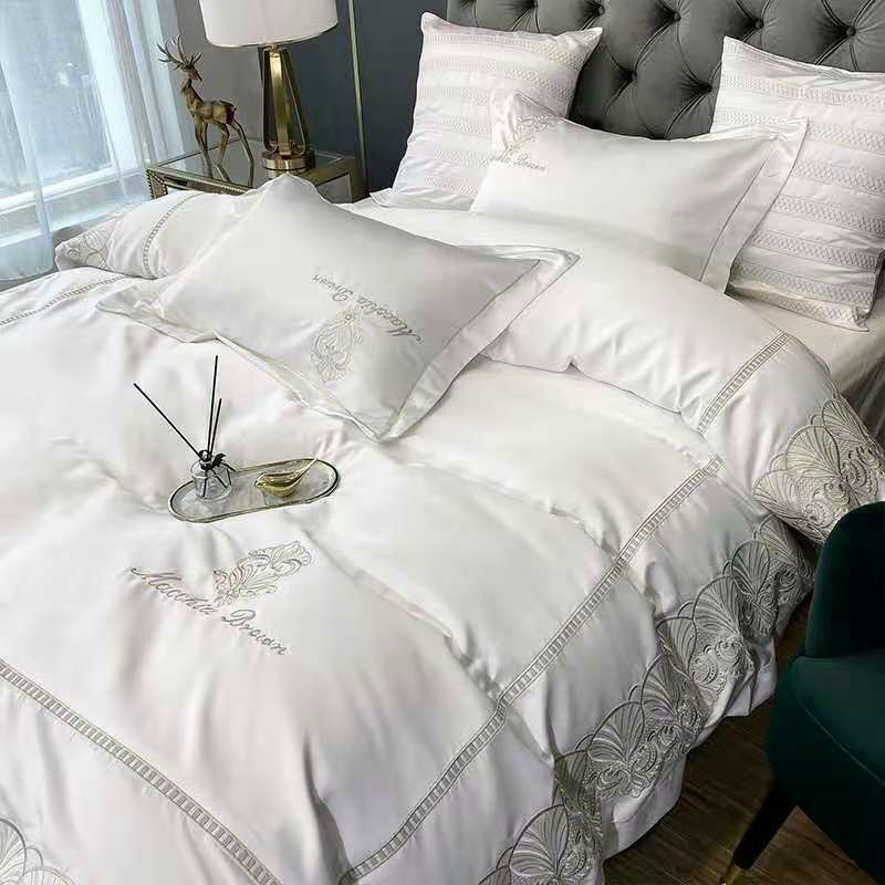 Bộ chăn ga lụa silk machia HLHOME thêu viền bèo siêu mềm mại, thoáng mát