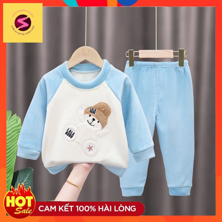 Bộ quần áo trẻ em thu đông,100% nhung thêu gấu, thỏ hàng quảng châu cao cấp bé trai bé gái từ7-30kg