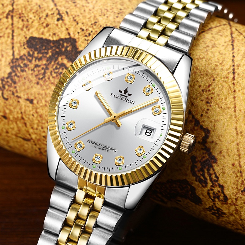 Đồng Hồ Nam FOURRON F723ff  Mặt số Đính Đá thiết kế sang trọng chống nước 3ATM Doanh Nhân Dây Thép KhôngGỉ