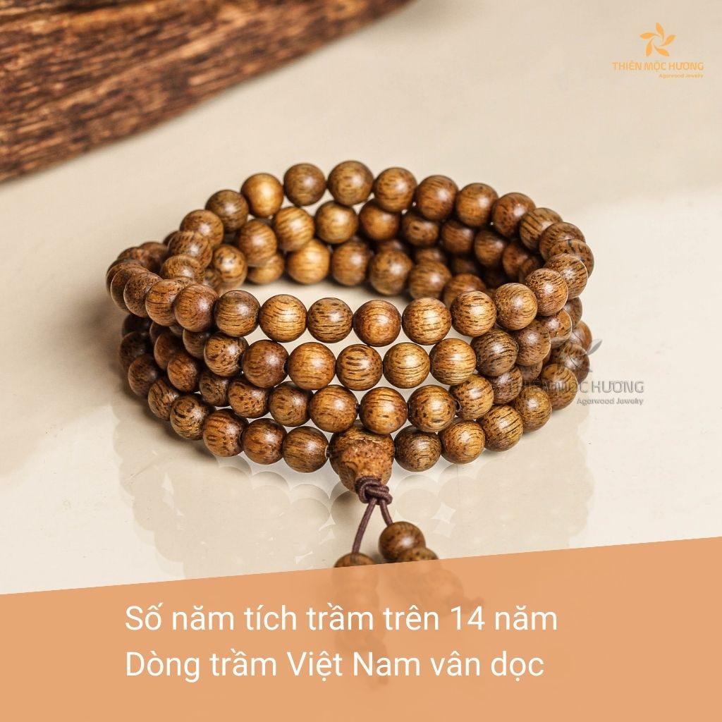 Vòng trầm hương 108 hạt Việt Nam vân dọc 100% tự nhiên THIÊN MỘC HƯƠNG đoạn trừ phiền não, may mắn, bình an