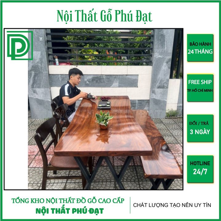 Bộ Bàn Ghế Phòng Ăn Sang Trọng Mặt Gỗ Me Tây Dài 2m Nhập Khẩu Campuchia - Bàn Gỗ Me Tây Nguyên Tấm - Bảo Hành 24 Tháng