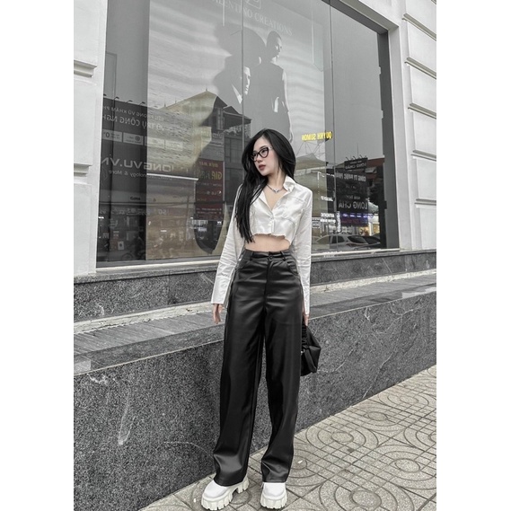 Set Áo Sơ Mi Dáng Ngắn Kèm Quần Da Ống Rộng • Melanie Boutique
