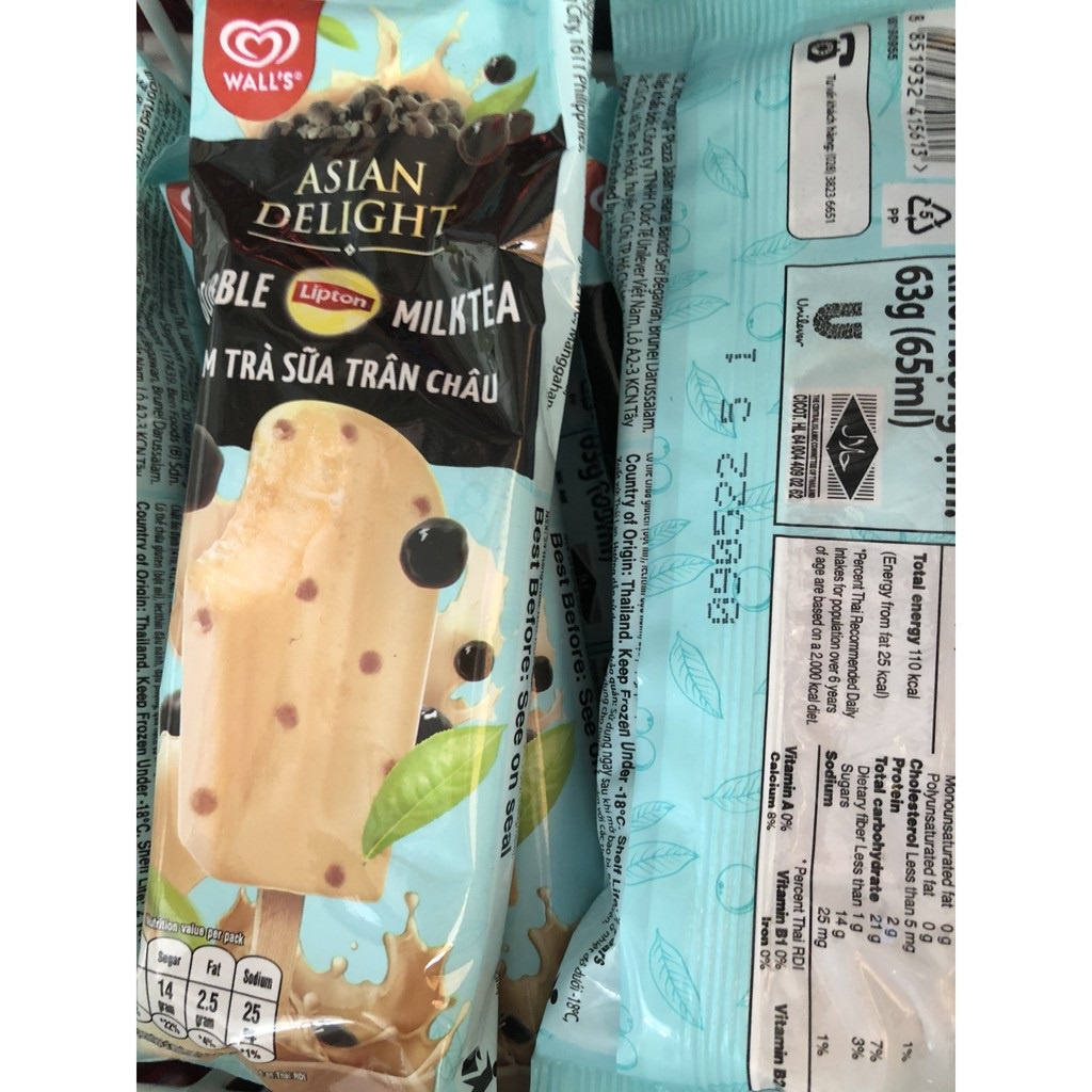 Kem que trà sữa trân châu Wall's Asian Delight Bubble Milktea cây 63g