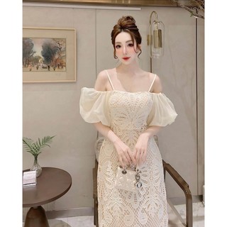 Đầm thiết kế sang Chảnh ren quạt tay bồng màu kem