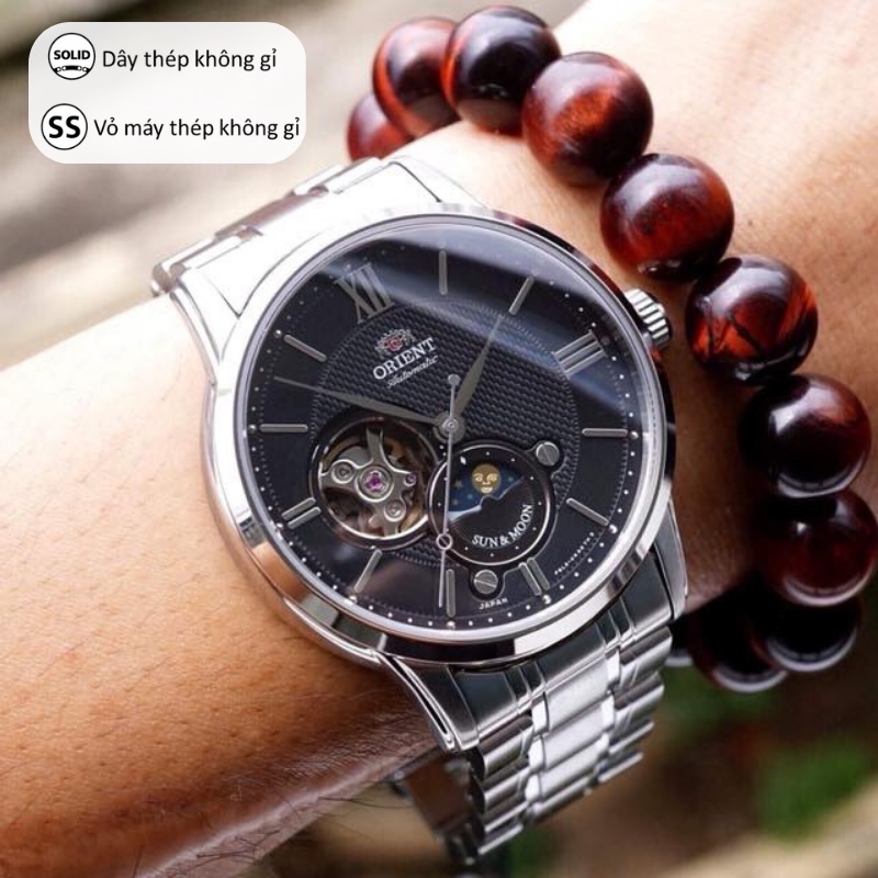 Đồng hồ cơ nam Orient Watch Sun And Moon RA-AS0002B00B lộ máy mặt kính sapphire chống xước dây thép đeo tay chính hãng