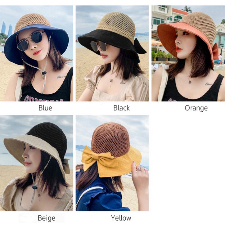 Mũ cói viền vải nơ to xinh xắnFREESHIPNón cói đi biển,Du lịch phong cách Hàn Quốc sang trọng cho nữ
