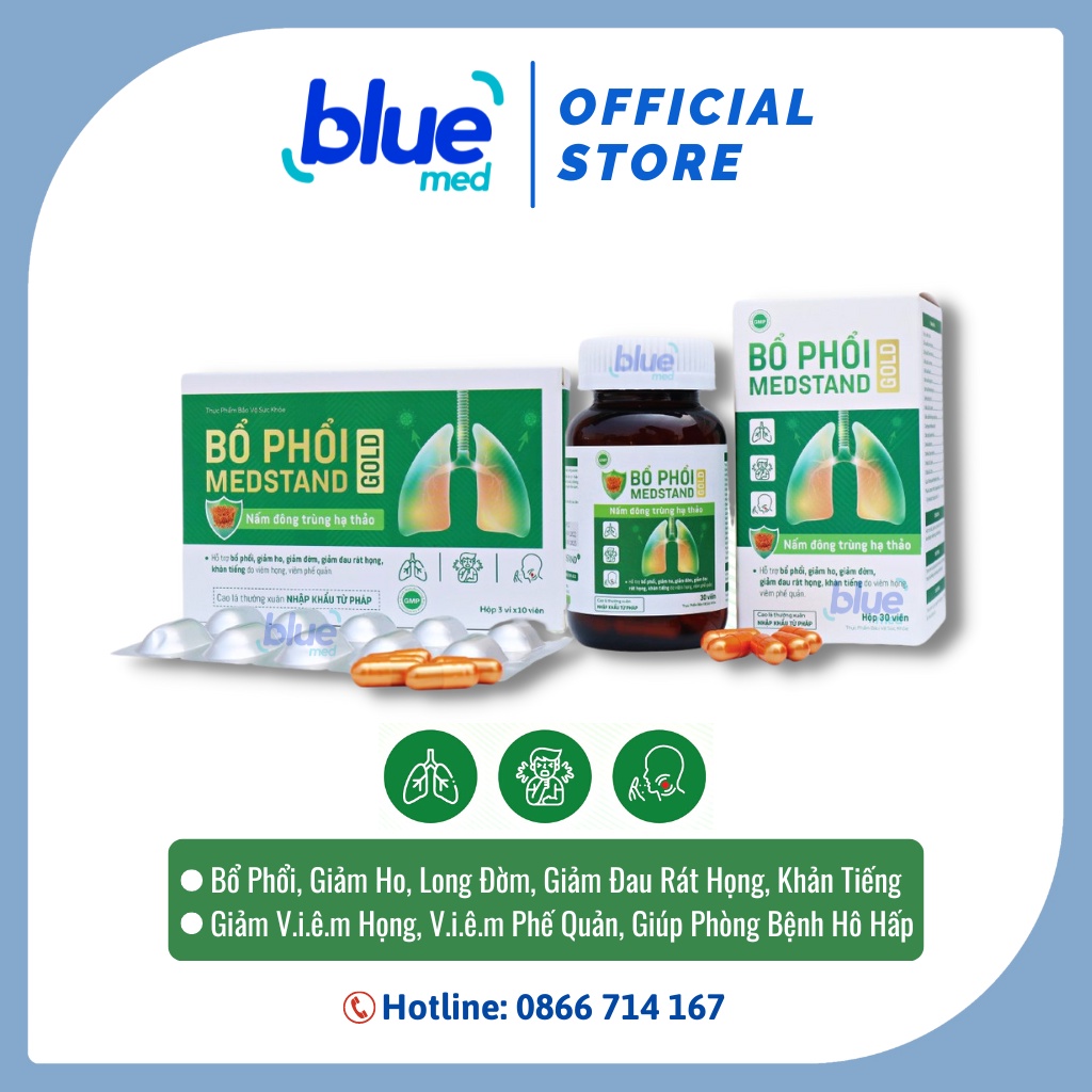 Bổ Phổi Medstand GOLD - Bổ Phổi, Giảm Ho, Đau Rát Họng, Giảm Đờm, Đông Trùng Hạ Thảo (Lọ 100ml/Hộp 30V) [Chính Hãng]