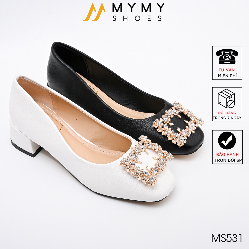 Giày cao gót nữ Mymy shoes da lì gót vuông 4p, giày búp bê mũi vuông đá kết hoa viền vàng - MS531