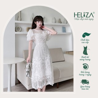 Đầm Ren Tiểu thư tay bèo hoa đính ngực Heliza Fashion SP2041