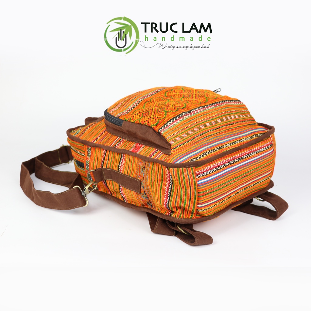 Balo Nam Nữ Thời Trang Unisex Trúc Lâm Handmade TCBL08 Vải Thổ Cẩm Phối Viên Da Lộn Cao Cấp Kiểu Dáng Đa Năng Hiện Đại