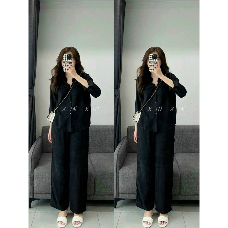 Set bộ xô gân áo sơ mi tay dài kèm quần dài phom rộng thoải mái
