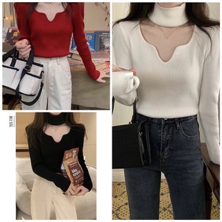 Áo kiểu thun croptop tay dài cổ lọ phối viền uốn lượn hàn quốc