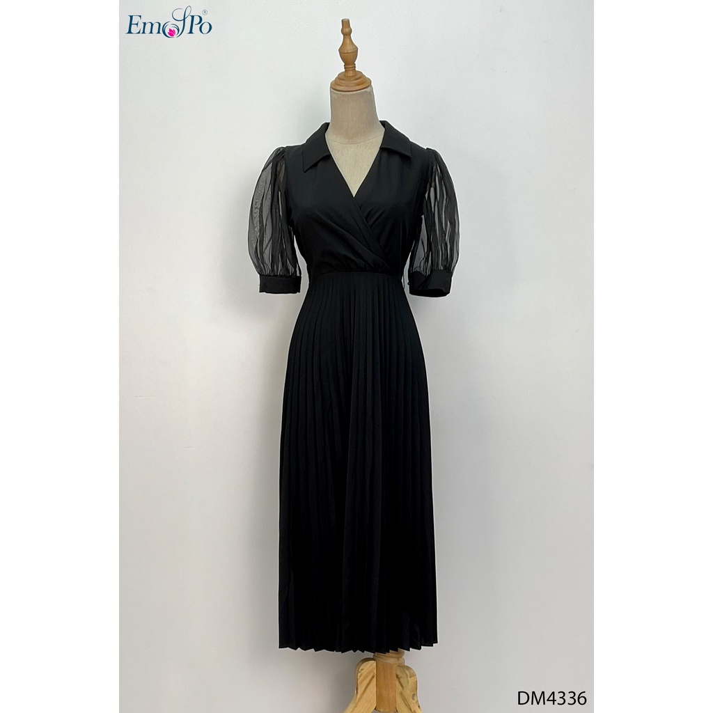 Đầm xòe xếp ly cổ đắp chéo tay phối voan EMSPO DM4336