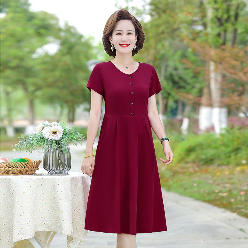 Mẹ 40-50 tuổi váy ngắn tay mùa hè trung niên quần áo phụ nữ trung niên và cao tuổi