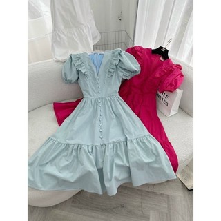 ĐẦM MiDI CỔ V VIỀN BÈO NÚT BỌC🤍